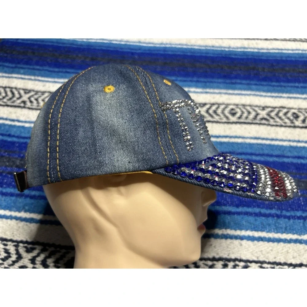 Womens Denim Donald Trump Hat Cap Flag Rhinestones MAGA Distressed Style